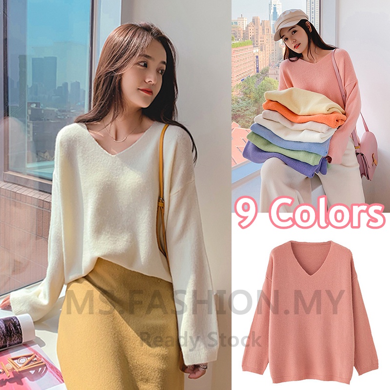 ?READY STOCK?9 Color2022 new Korean Style Women Casual Long Sleeve V Neck Sweaters Knitwear Knitted Top Baju Sejuk