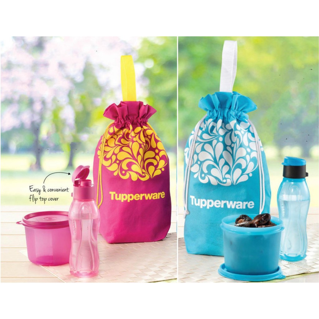 Tupperware Eco Water Bottle Set Of 2 Flip Top Snack Compartment On Bottom