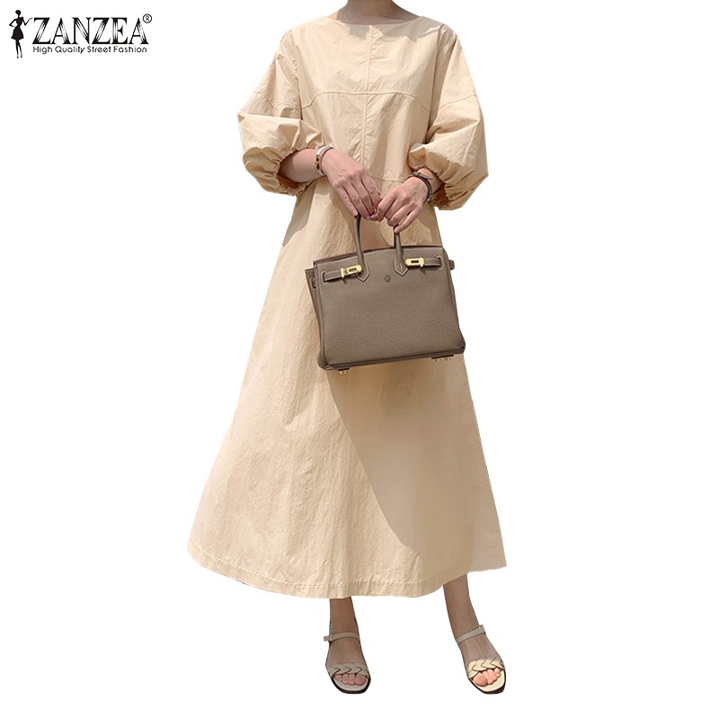 ZANZEA Women Casual 3/4 Lantern Sleeve Solid Color Elastic Cuff Maxi Dress