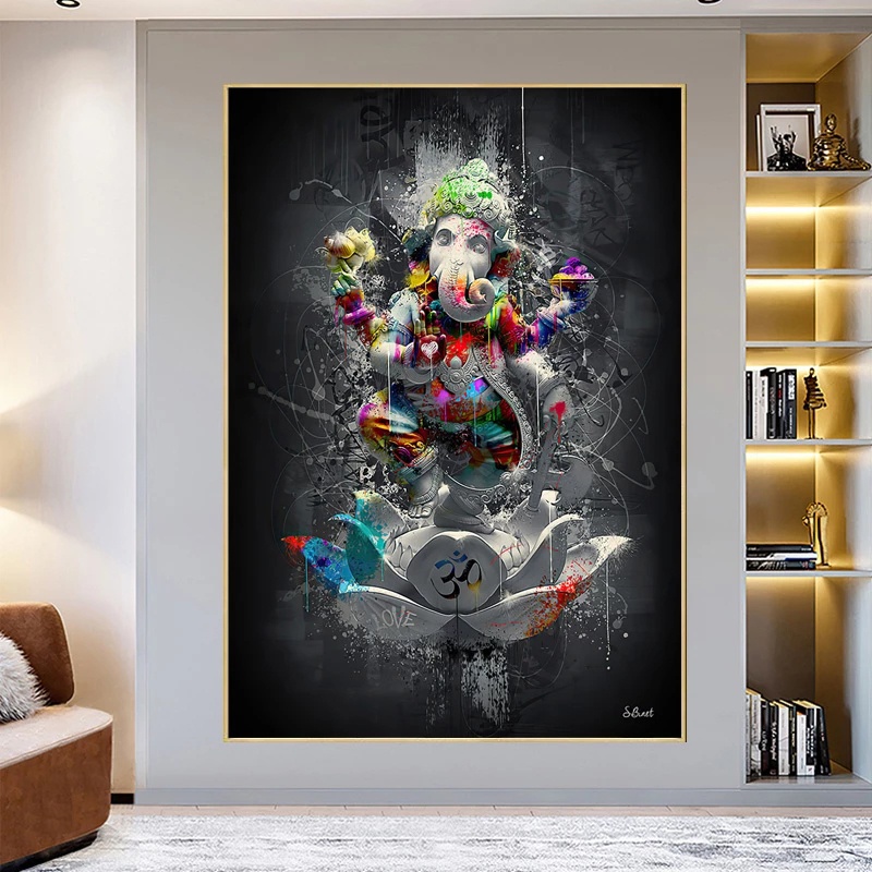 Painting on screen graffiti Indian elephant art god religion ganesha lotus print artist wall poster home decorative pain