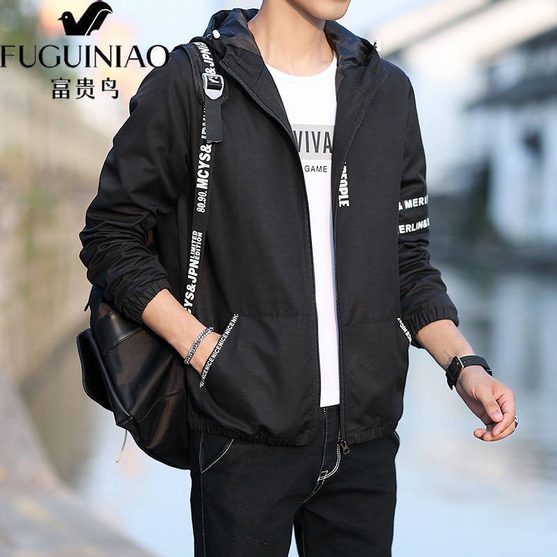 Rich bird men's jacket jacket spring and autumn thin hooded富贵鸟男士夹克外套春秋薄款连帽潮流时尚学生印花夹克男防晒衣男irueo.my