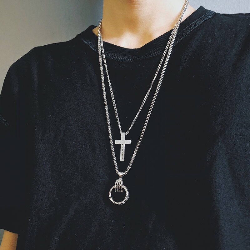 Hip-hop personality pendant necklace skeleton hand ring cross pendant necklace for men and women