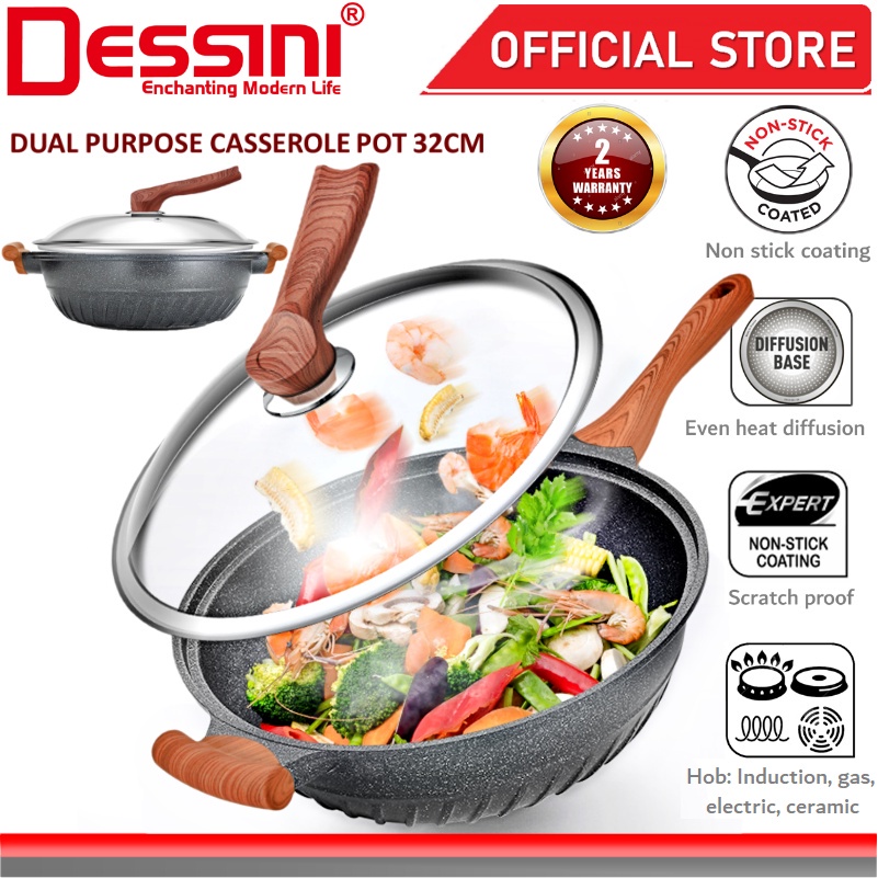 DESSINI ITALY 32CM Marble Stone Induction Casserole Non Stick Frying Pan Wok Pot Bowl Cookware + Cover / Kuali Periuk