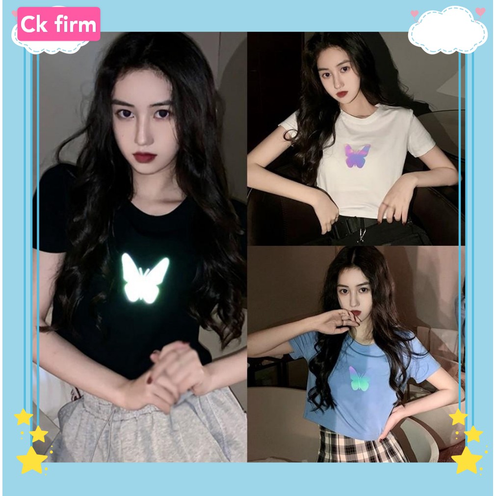 Ck Firm Women Laser Butterfly Print Casual Short Sleeved Crop T Shirt Baju Lengan Pendek 短袖夜光上衣 Ck142 Shopee Malaysia