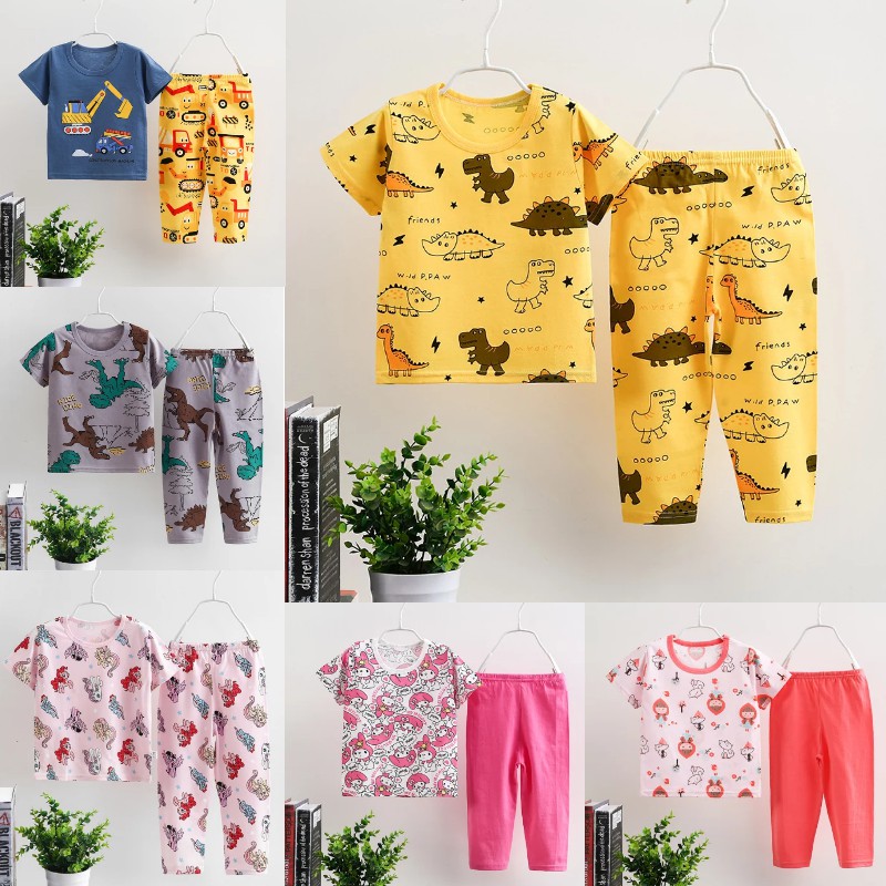 Ready Stock Hot Sale Cotton Cartoon Baby Clothing Boy Girl Cloths Anak Baju Tidur Baby Short Sleeve Clothing Baby Cloths Boy Girl Pajamas Suit Kids Sesuai Lengan Pendek Anak Baby T-shirt Baby Long Pants Baby Underwear Sleepwear Cute dinosaur 1-8 Years Old