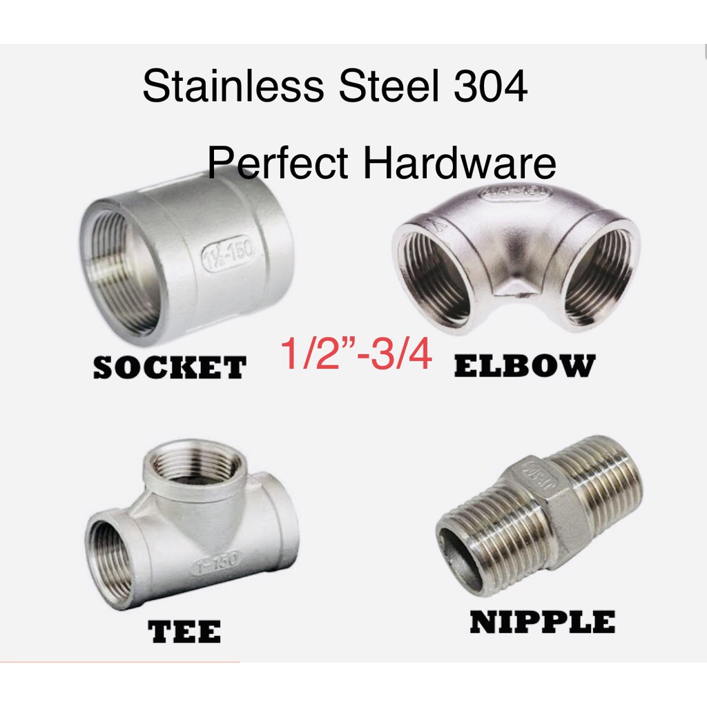 STAINLESS STEEL SUS304 ELBOW ,SOCKET,NIPPLE,TEE 1/2''-3/4'' | Shopee ...