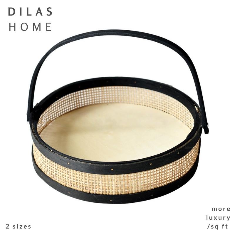DILAS HOME Round Wooden Weave Woven Rattan Cane Storage Organiser