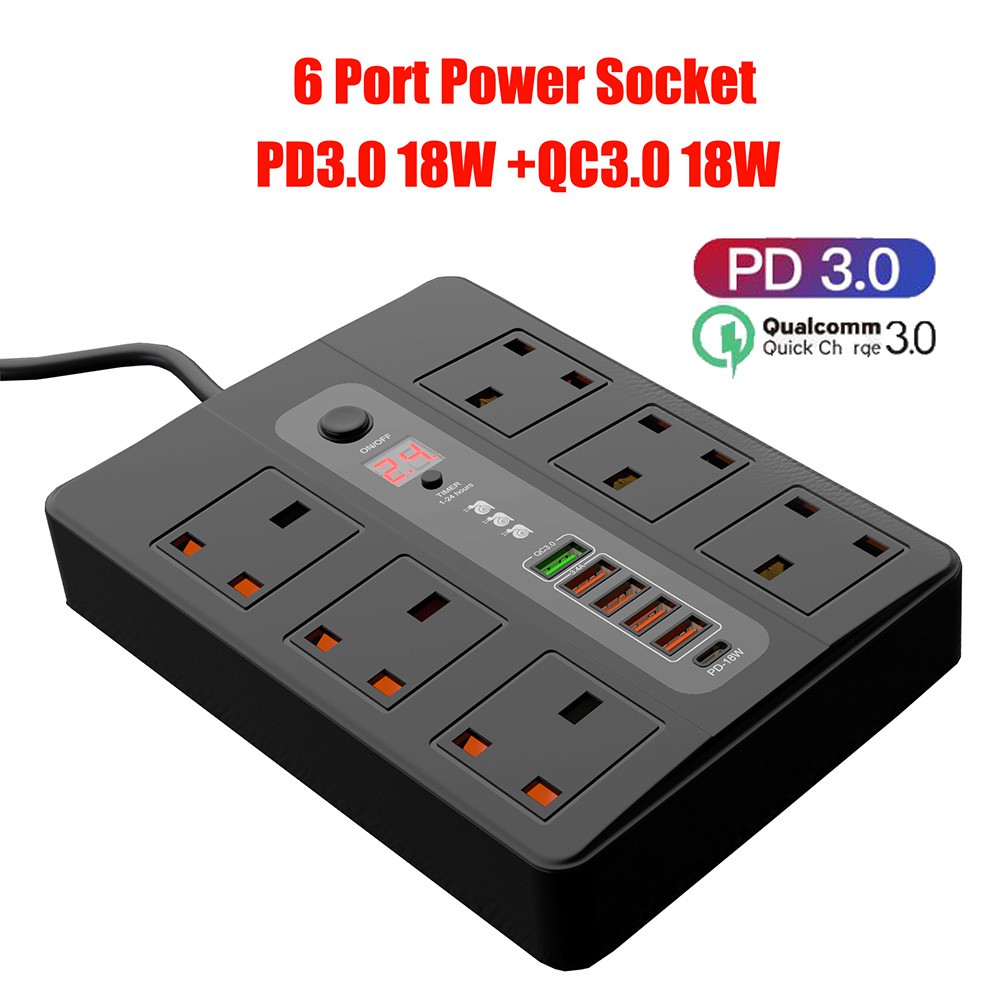 3000W Power Strip 6 AC Outlet with QC3.0 PD USB Fast Charging Adapter