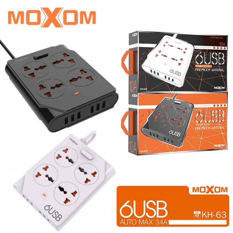 Moxom Power Strip 4 Universal Socket with 6 USB Output 3.4A UK Plug (1.5m) KH-63