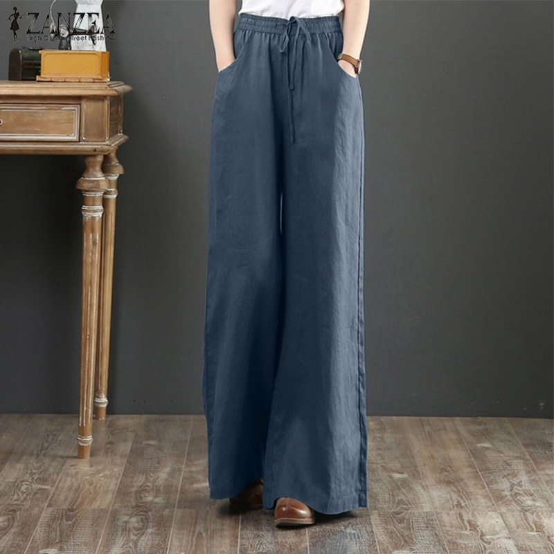 ZANZEA Women Casual Wide Legs Elastic Belted Solid Color Long Pants #8
