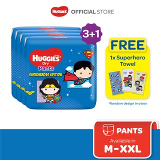 Image of Huggies Dry Pants Limited Edition - M60/L50/XL42/XXL32 (4 Packs) FOC Superhero Towel