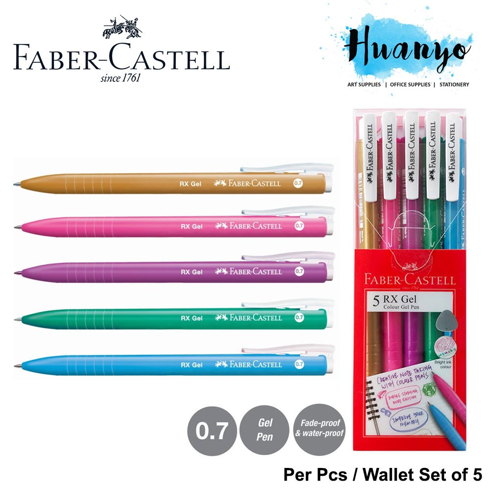 [HUANYO] Faber-Castell Retractable RX Colour Gel Pen (0.7mm) [Per Pcs / Wallet Set of 5, Green, Gold, Lilac, Pink, Turqu