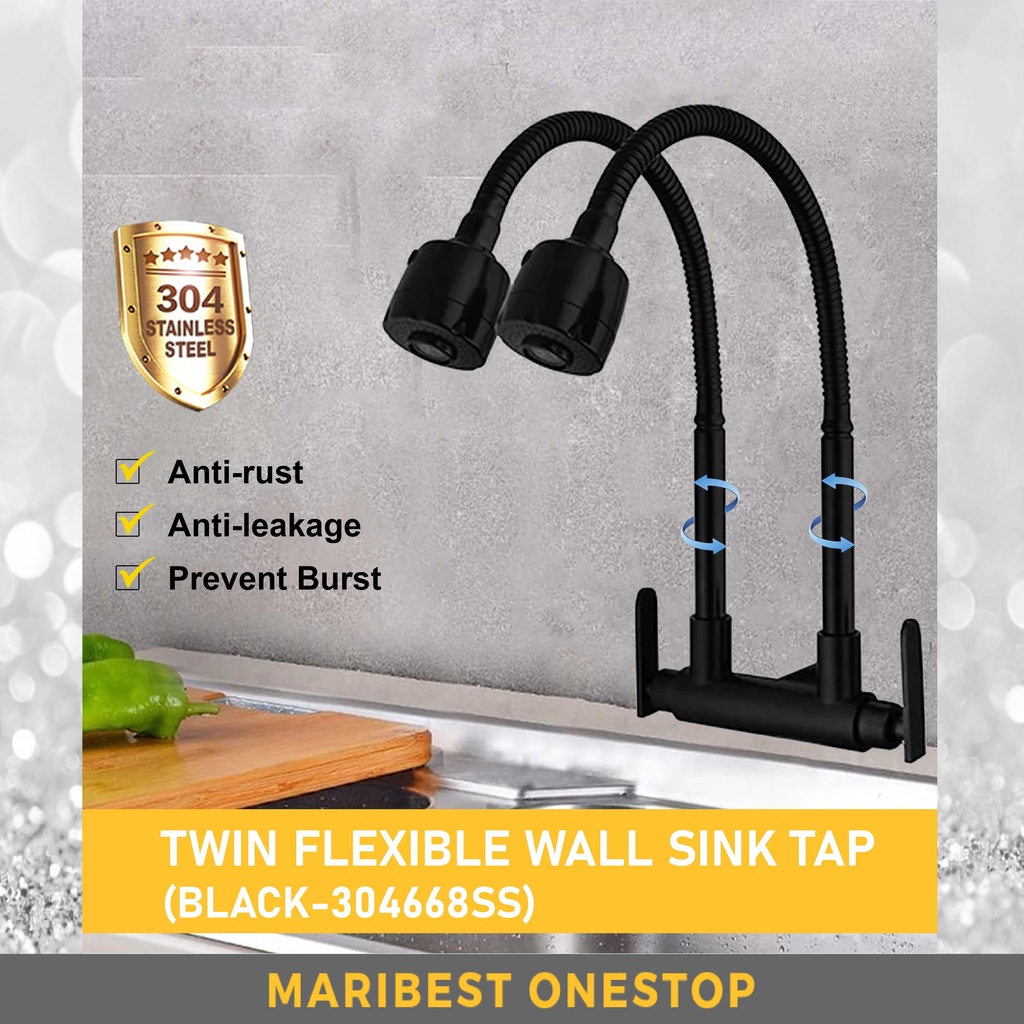 BLACK-304668SS 304 Stainless Steel Twin 360° Rotate Swivel Wall Mounted Tap Sink Tap Kitchen Faucet Sinki Kembar 双水槽