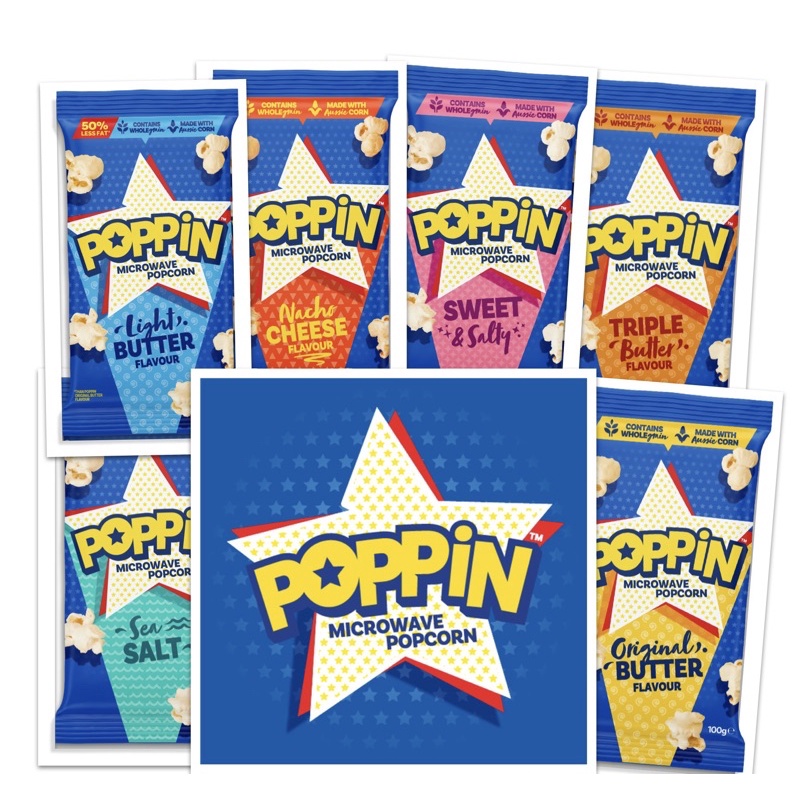 Poppin Microwave Popcorn Cheese Sea Salt Butter Butter Lite Triple Butter Flavour 90g85g 0963