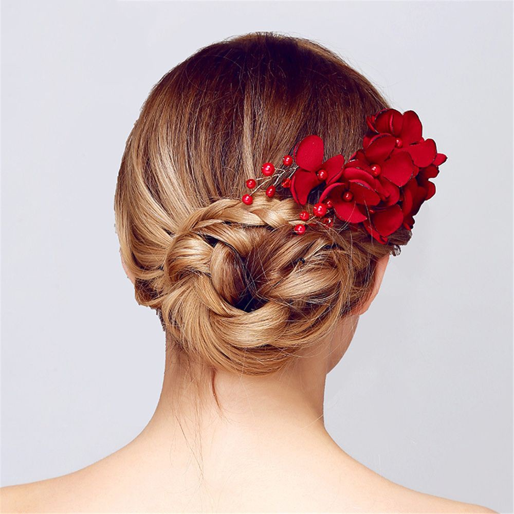 Accessories Bridesmaid Barrette Crystal Hair Clip Red Flower