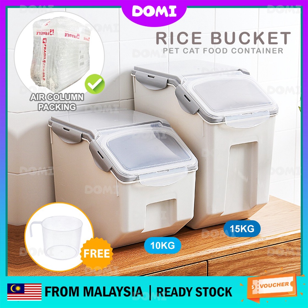 DOMI Rice Bucket 10/15kg Fully Sealed Cereal Storage Box Kitchen Pet Cat Food Container Bekas Beras Nasi Dapur 米桶