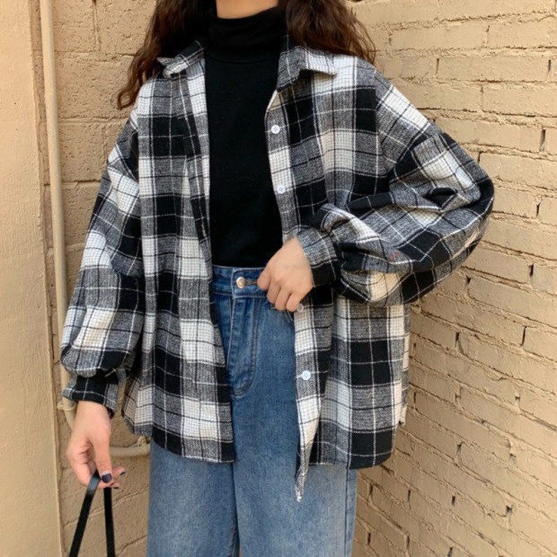 Korean Style Women Ladies Loose Retro Plaid Oversize Long Sleeve Shirt Blouse Baju Baju Wanita Lengan Panjang