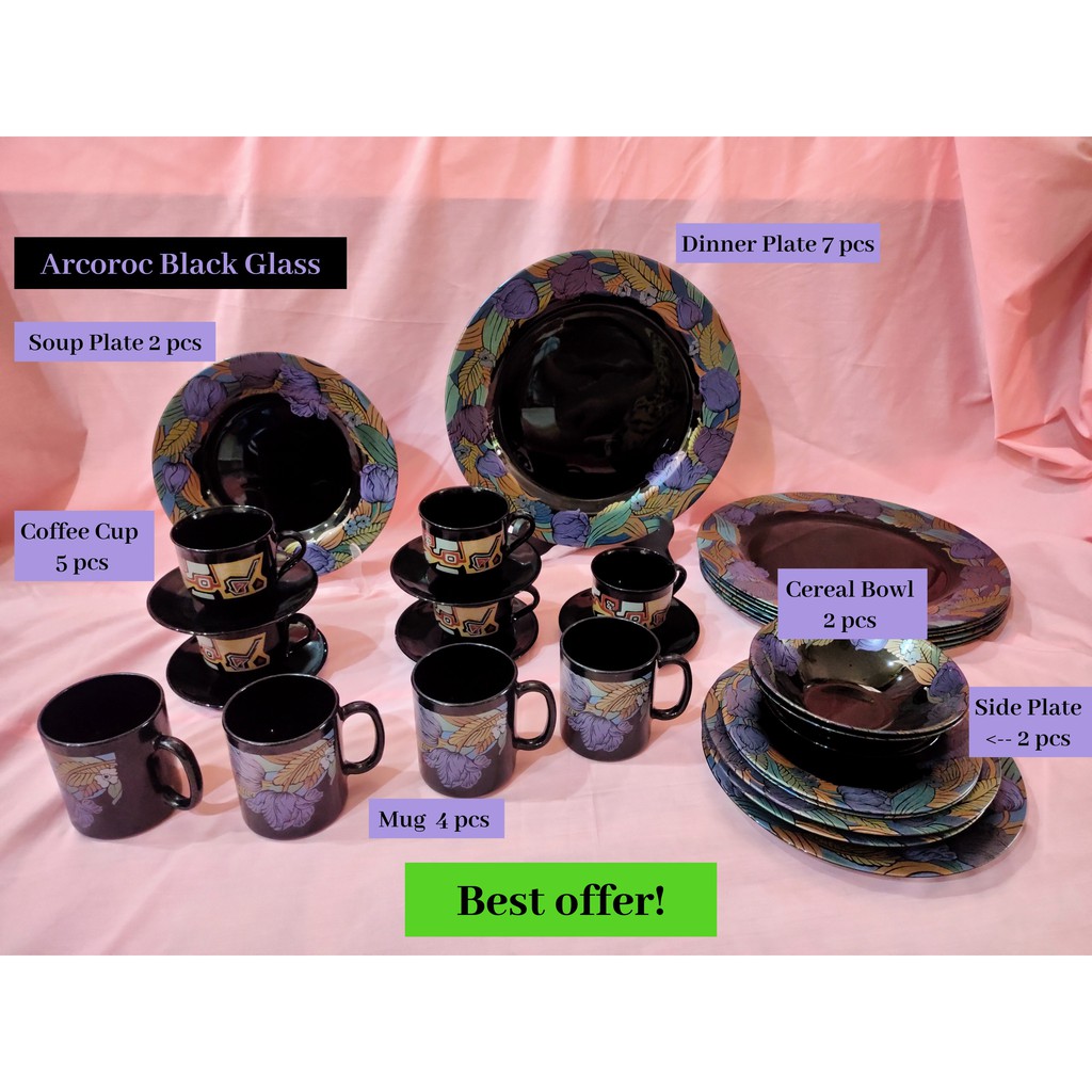 Limited Promotion Time Vintage Set Collection Arcoroc France Black Glass Floral Pattern Tableware Set Shopee Malaysia