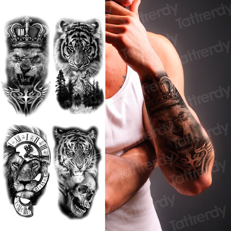 Arm Sleeve Tattoo Lion King Tiger Wolf Animal Fake Tatoo Sticker Sexy Black Waterproof Temporary Tattoos For Men Women Boys Girl Shopee Malaysia