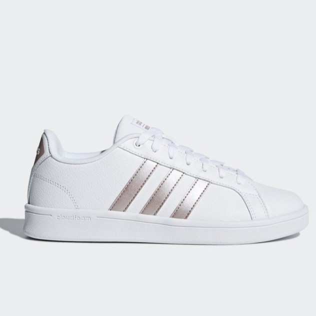 adidas white shoes with silver stripes