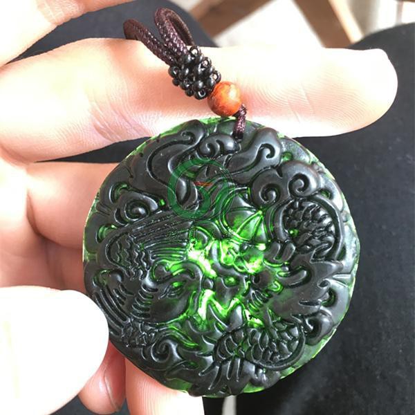 Natural Hetian ink jade dragon and phoenix round plate pendant dark ...