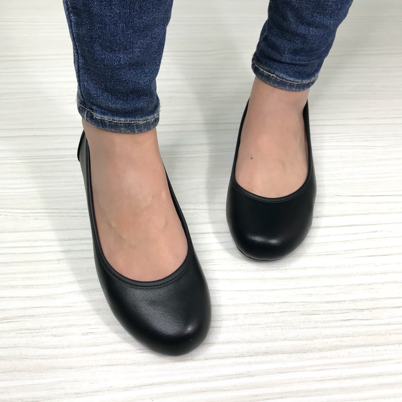 Baotou Round Toe Baby Shoes Flat Working Cabinet Sister Interview All Black Leather Surface Solid Color MIT High Quality