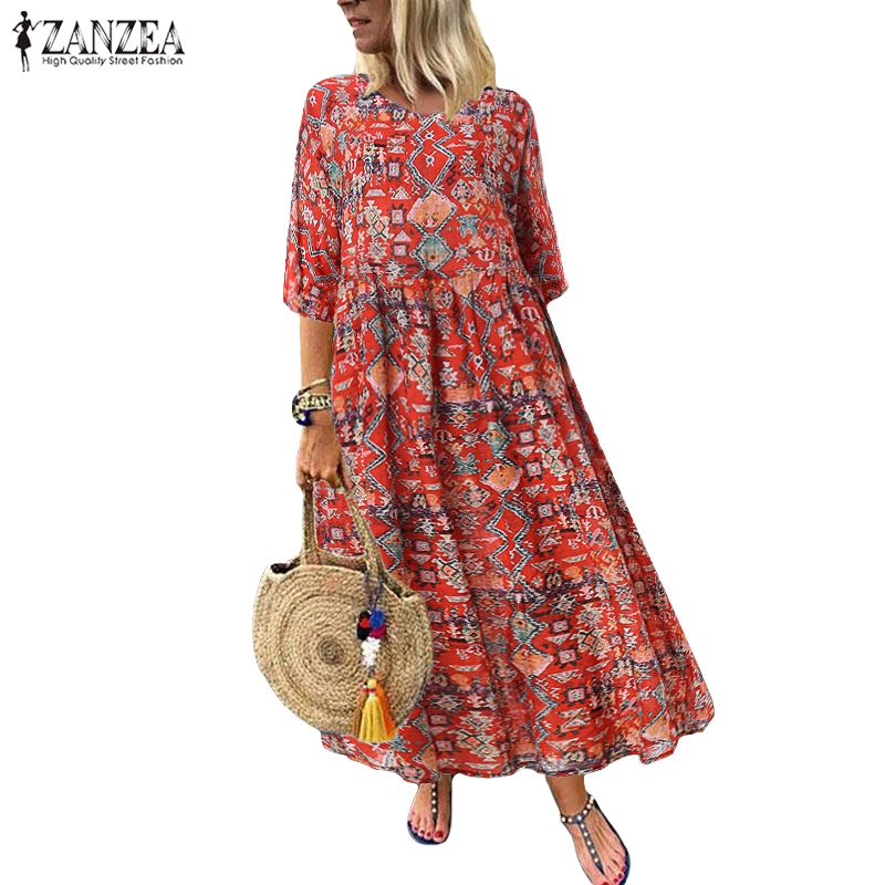 ZANZEA Women 3/4 Sleeve Casual Loose Baggy Plus Size Maxi Dress | Shopee  Malaysia