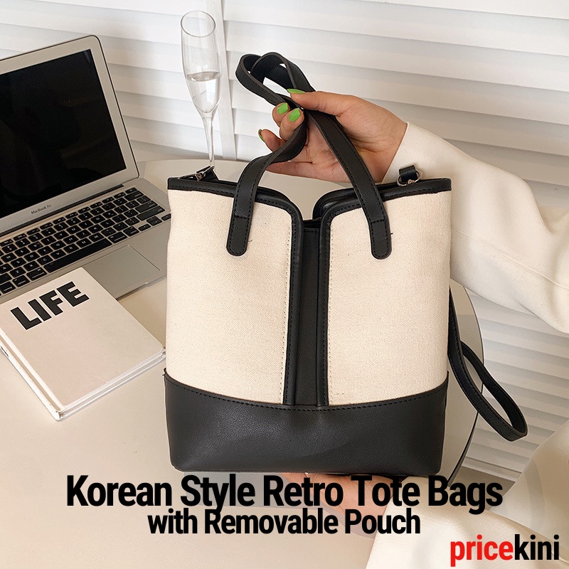 Korean Style Tote Bags with Removable Pouch. Canvas Crossbody Top