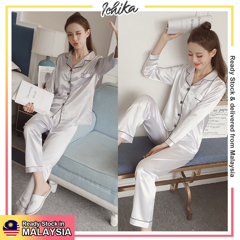 ICHIKA - PANDORA Silk Satin Pajamas Set Unisex Long Sleeve Women ...
