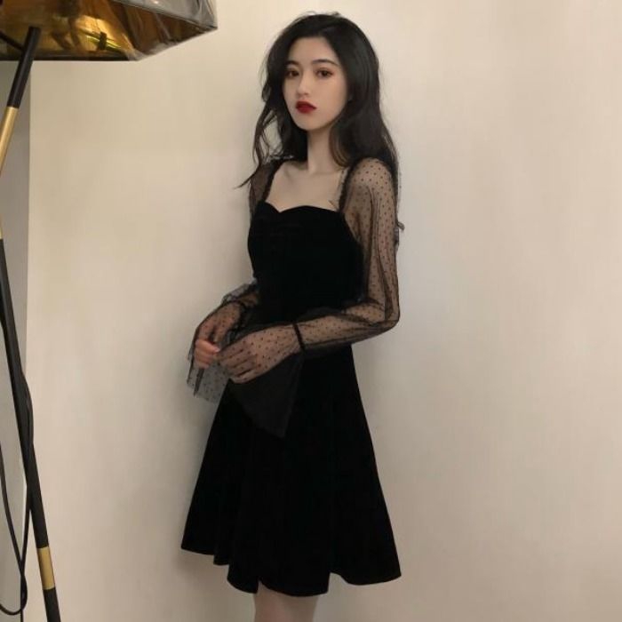 square neck long sleeve black dress