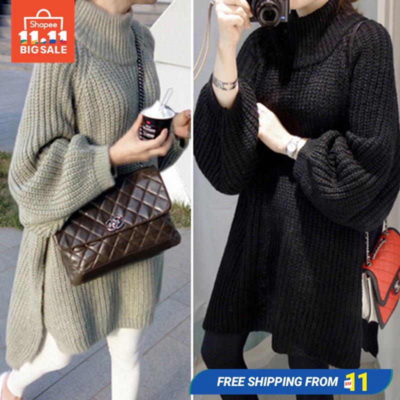 Women Casual Warm Long Sleeve Turtle Neck Tops Knitted Sweater Pullover Wool High Neck Lantern Sleeve Slit Sweaters