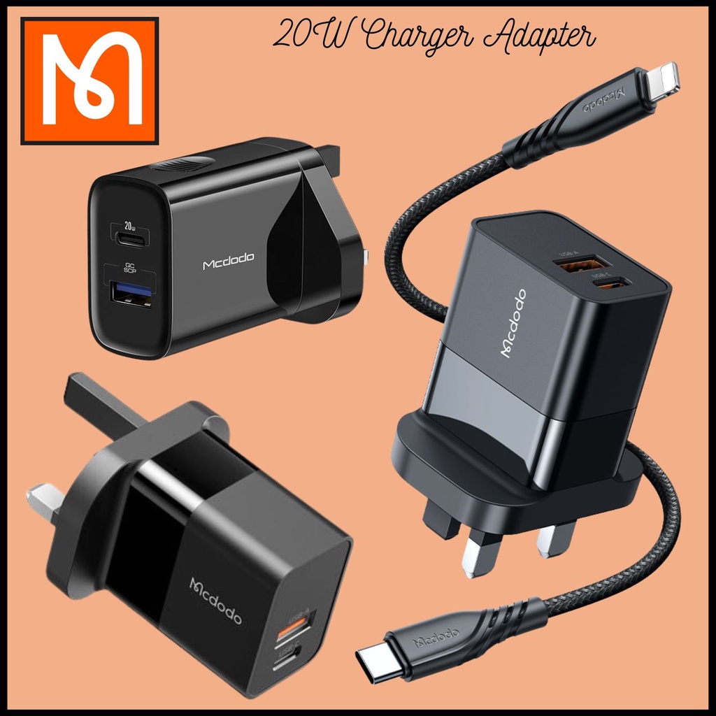 【Ready Stock】Mcdodo Tesla Series 20W PD+QC Type-C+USB Ports Wall Charger CH840 Fast Charge Adapter