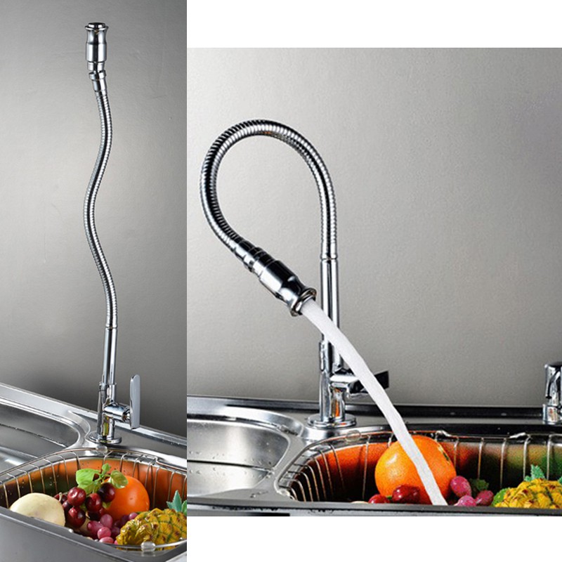 Brass Cold Water Kitchen Faucet Tap Chrome Plated Flexible Spout