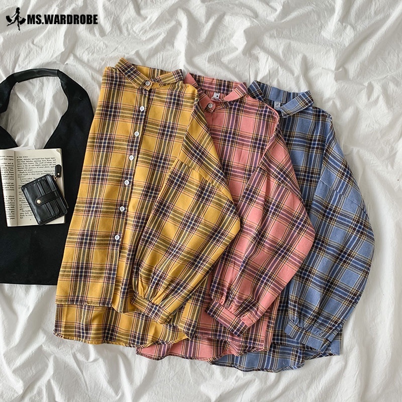 Ready Stock Korean Style Women Ladies Loose Vintage Plaid Puff Long Sleeve Shirt Blouse Baju Baju Wanita Lengan Panjang