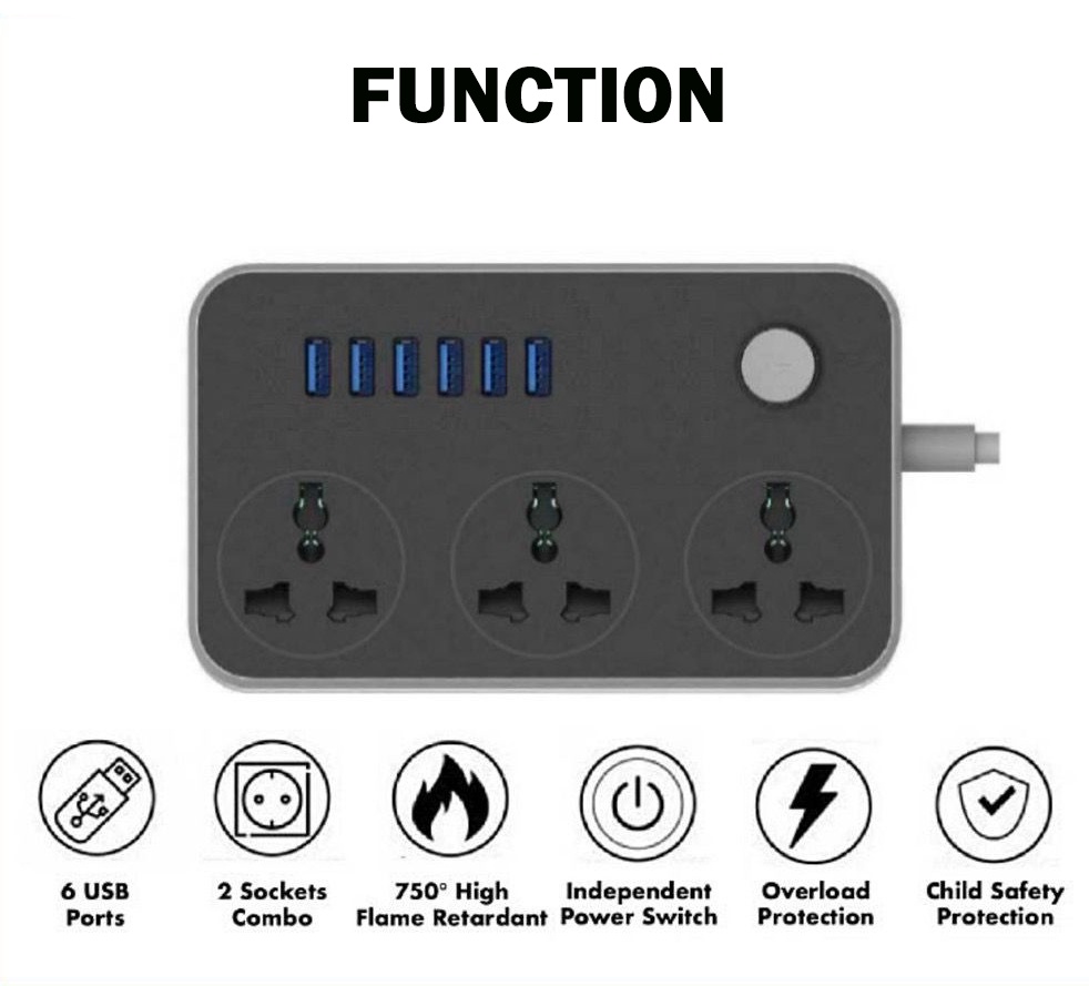 6 USB Port 3 Universal Power Strip Extension Plug Power Socket Electric
