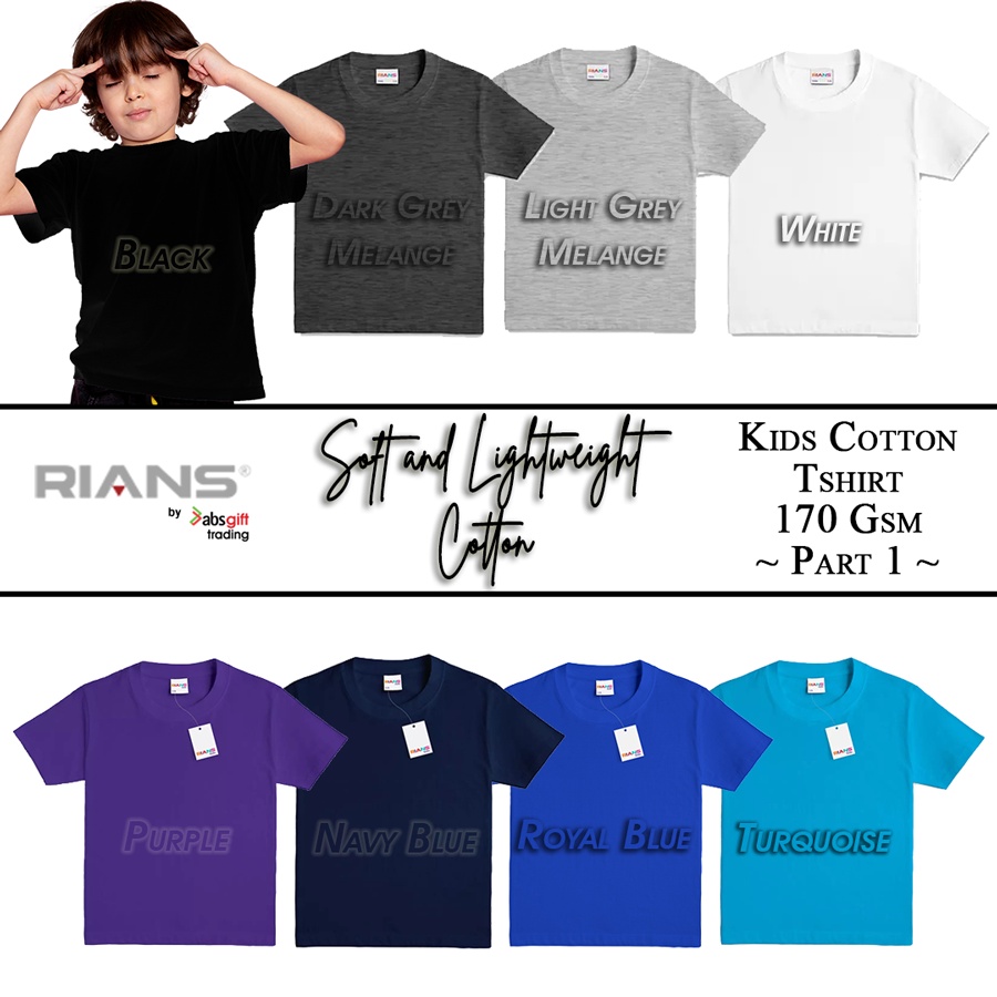RIANS KIDS TSHIRT 170GSM ROUND NECK COTTON SHORT SLEEVE BLACK DARK LIGHT GREY WHITE BLUE TURQUOISE PURPLE - WHOLESALE