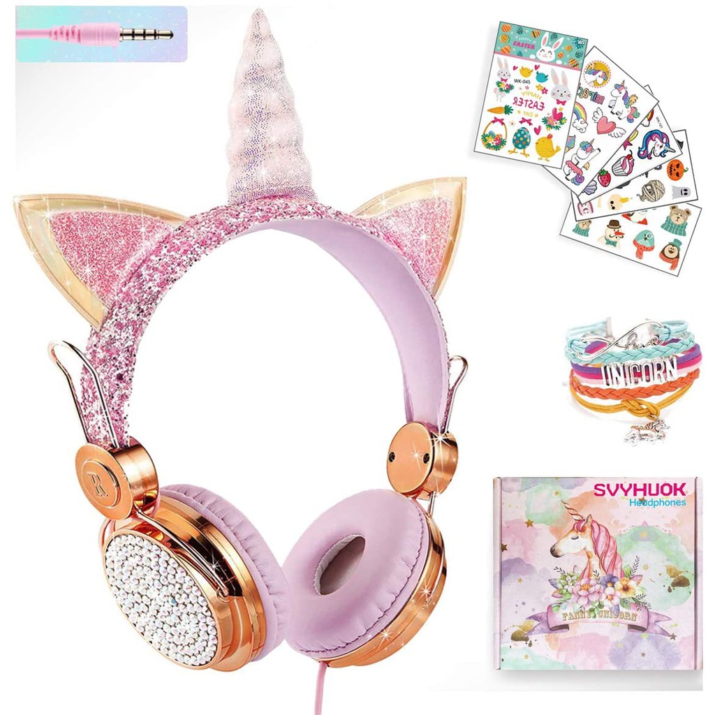 Girls Pink Unicorn Wired Headphones,Cute Cat Ear Kids Game Headset for Boys Teens Tablet Laptop PC,Over Ear Children Headset withMic,for School Birthday Xmas Gifts