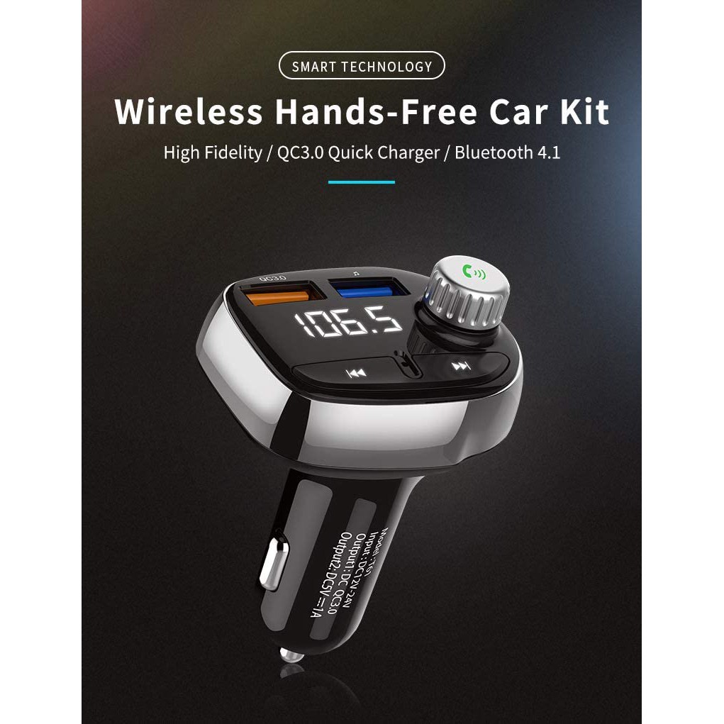 T61 Bluetooth FM Transmitter Handsfree Car Kit MP3 Player QC3.0 USB Charger