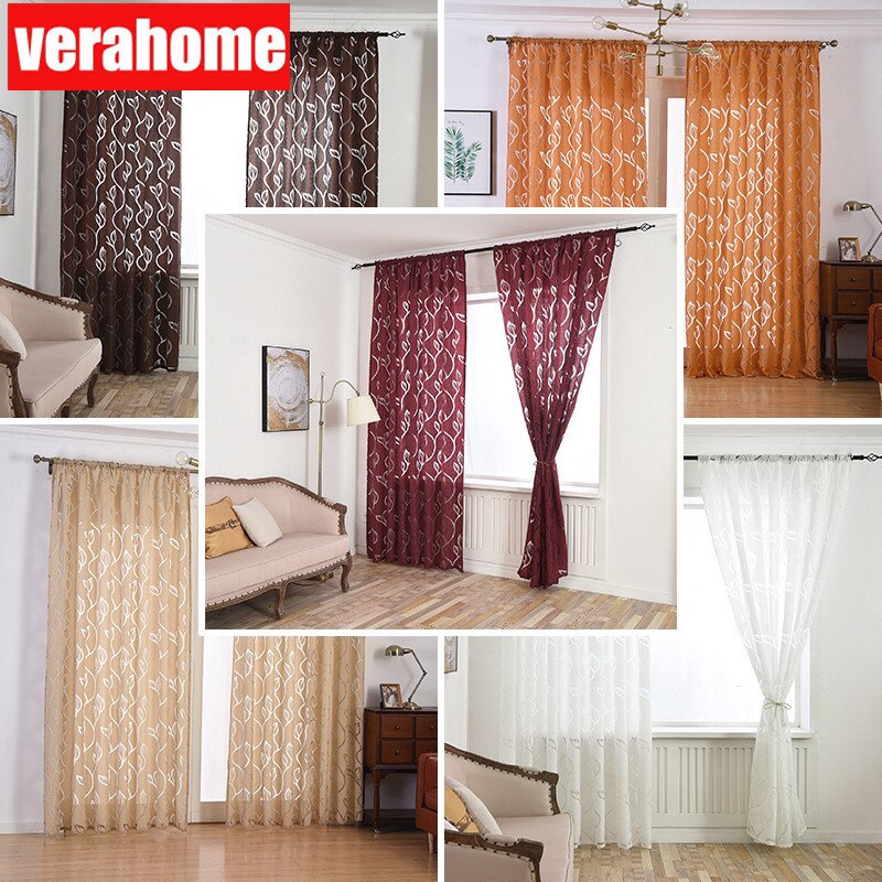 Hot Langsir Voile Morden Tulle Leaves Curtains For Bedroom Window Living Room Door