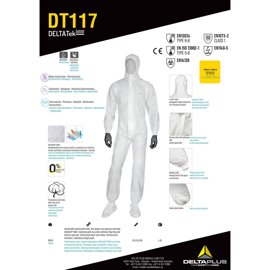 Delta Plus DT221 Disposable Chemical Overalls Coveralls Protective Suit Type 5 6 