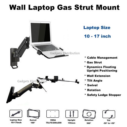 10" 17" Wall Mounted Laptop Holder Bracket Gas Strut Mount Monitor TV