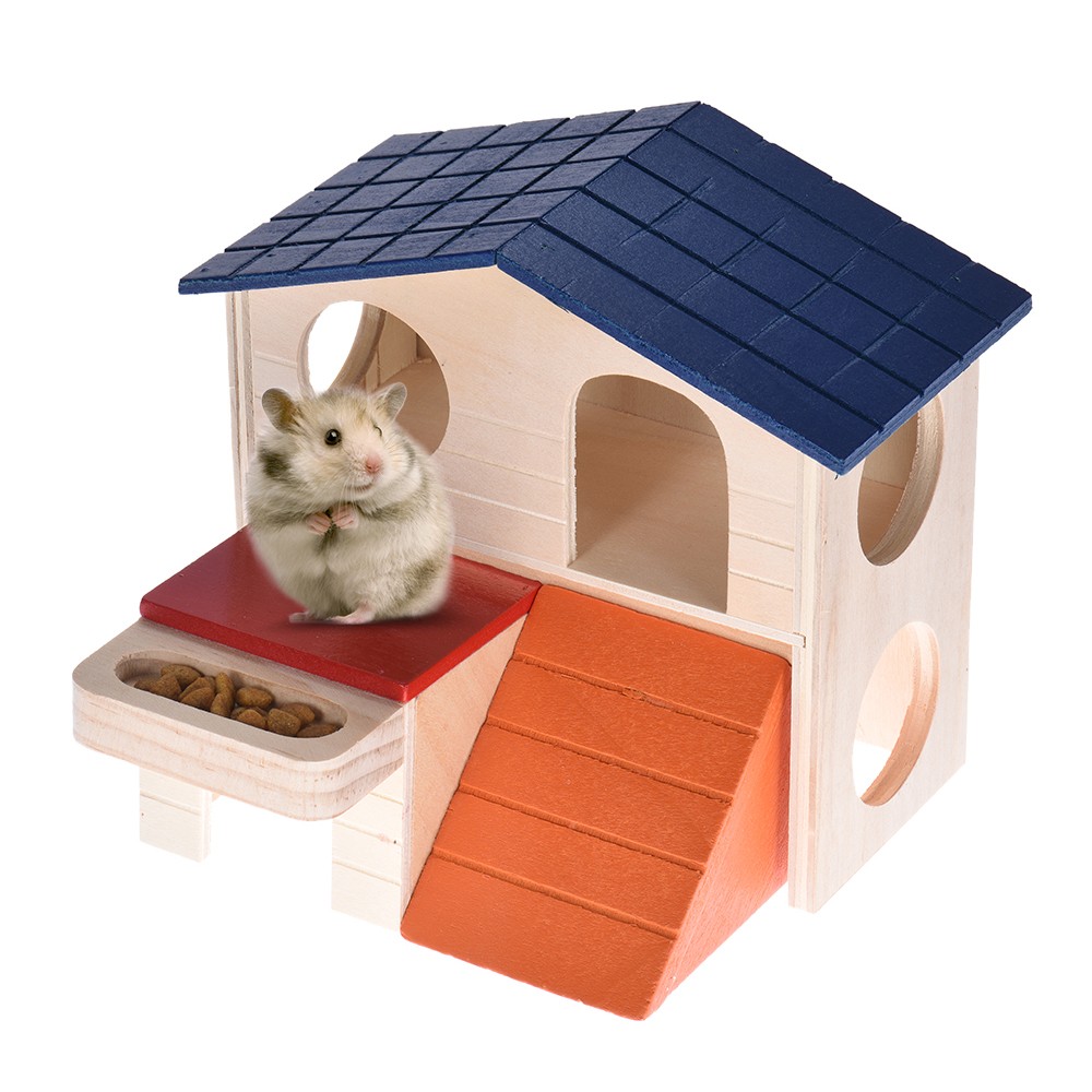 Hamster House Home Wooden Hideout Hut Cabin Two Layers Small Animal Pet Rat Mice Chinchilla Galesaur Playground Toy