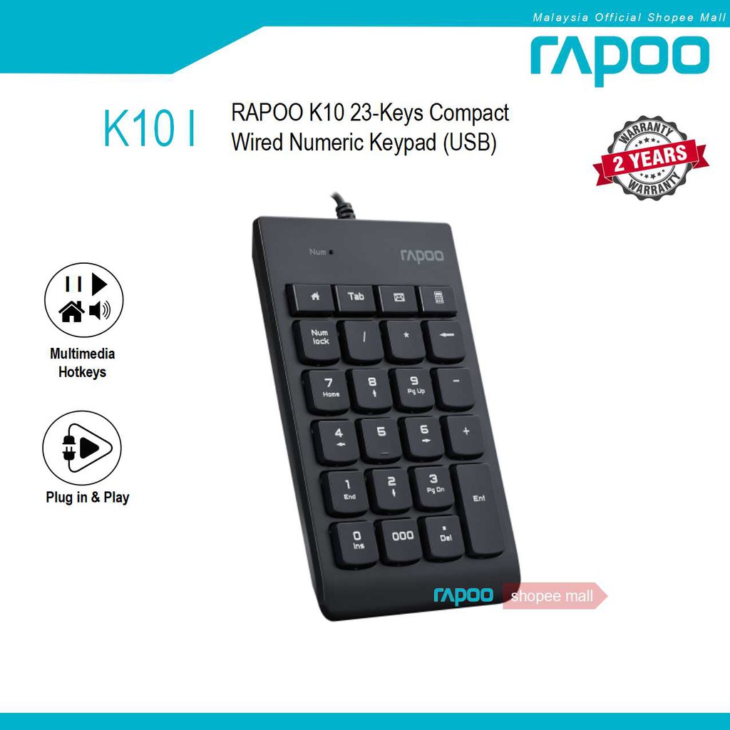 RAPOO K10 23-Keys Compact Wired Numeric Keypad USB Number Pad for PC Laptop  | Shopee Malaysia