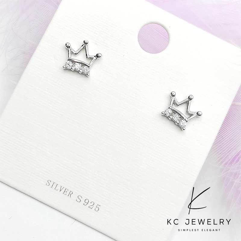 KC Jewelry S925 White Gold Plated Diamond Crown Stud Earrings/Subang Berlian S925 Celup EmasPutih