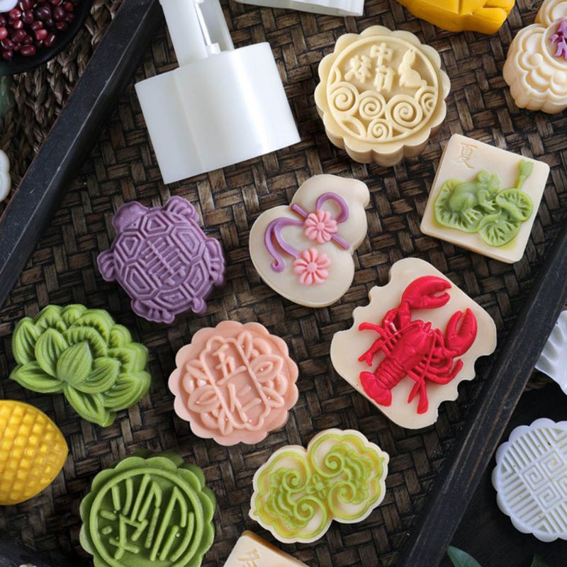 50g Mooncake Barrel Mold with 3D Rabbit Stamp Hand Press Moon Cake Pastry Mould 