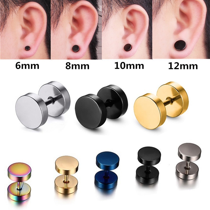1pair Men Woman Cool Round Stainless Steel Punk Dumbbell Ear Stud Earrings Piercing 3mm-12mm Black/Silver/ Gold/Blue/Rainbow