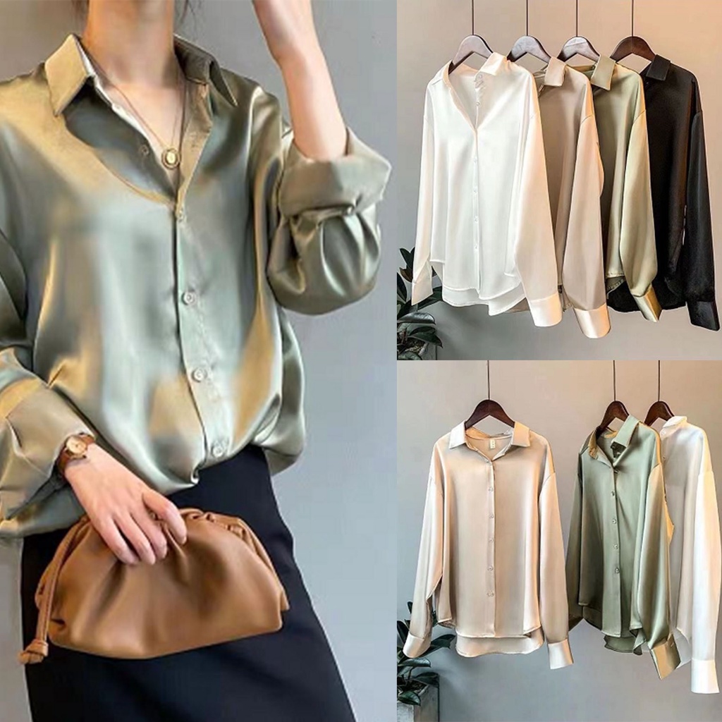 [ready stock] Women Satin Blouse Plus Size Baju Blouse Wanita Satin Long Sleeve Women Blouse Shirt