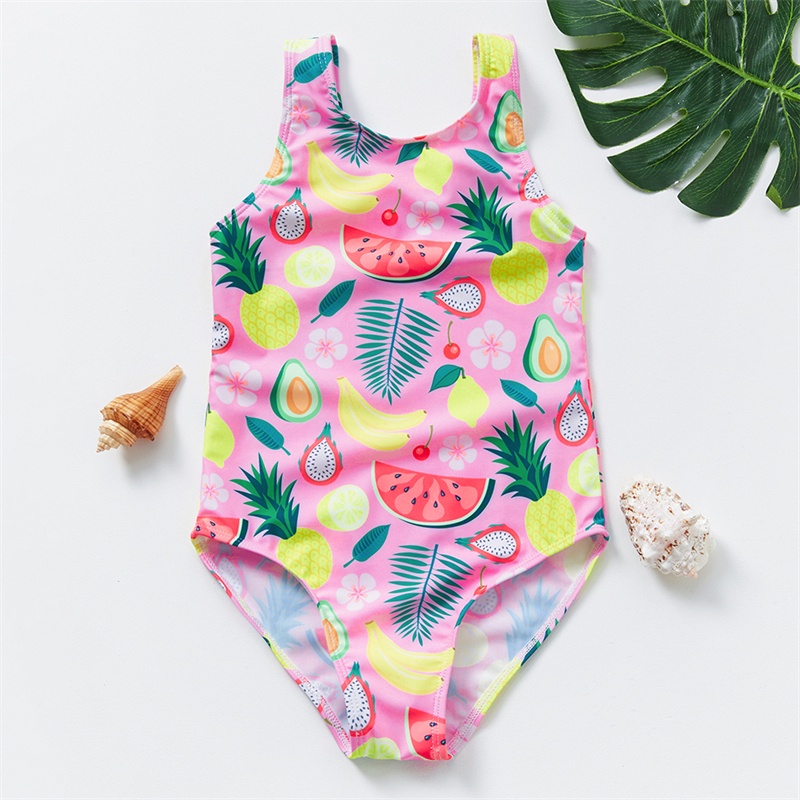 2-9years Girls Swimsuit One Piece Summer Style Tropical Fruits Design Summer Kids Child Girls Beachwear Swimwear, Pink