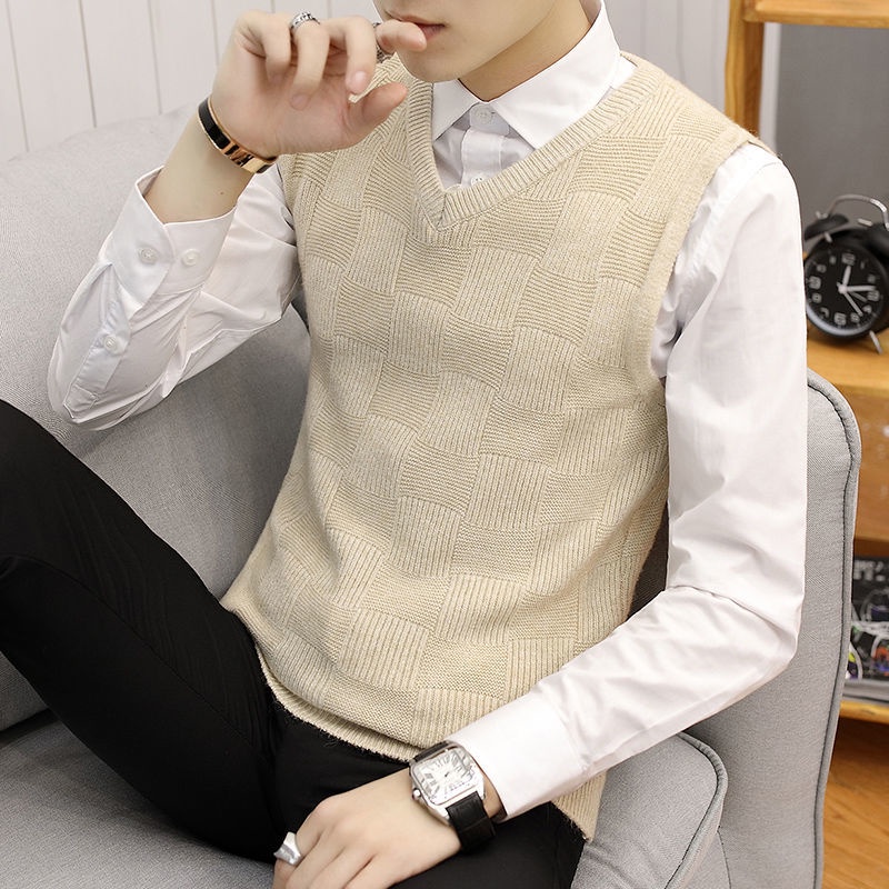 Vest Suit Sweater Vest Vest Lelaki S Youth Slim Pakaian Luar V-Neck Rajutan Sweater Tanpa Lengan/*#New Vest Suit Sweater Vest Vest Men S Youth Slim Outer Wear V-Neck Knitted Sleeveless Sweater