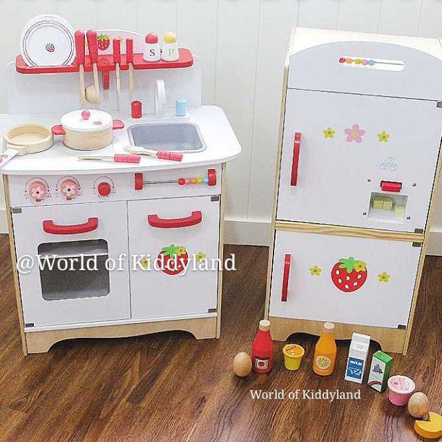Kids Big Wooden Pretend Play Toy Kitchen Playset With Refrigerator